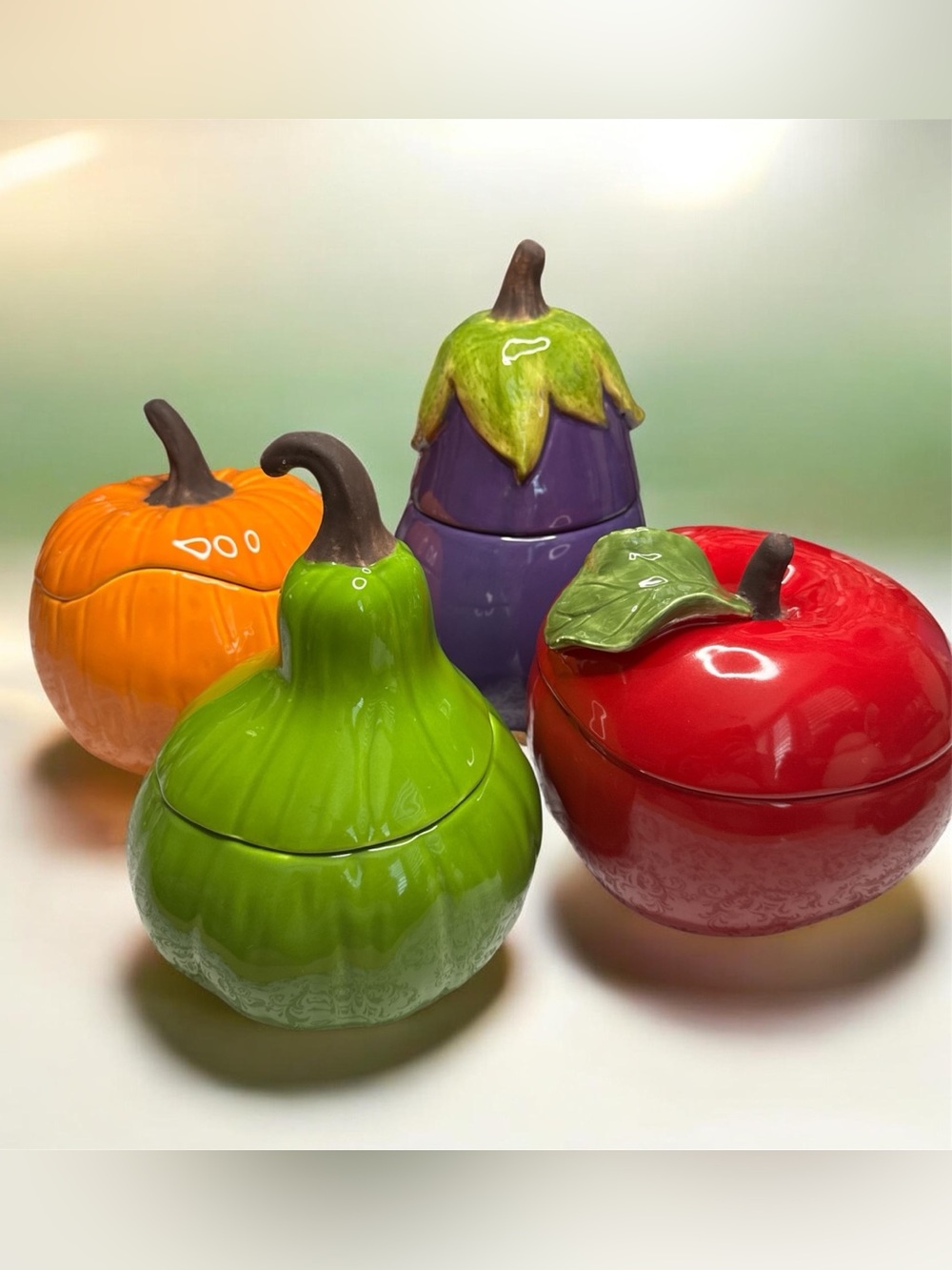 Ceramic Fruit Containers pear, apple, eggplant, and pumpkin set of 4